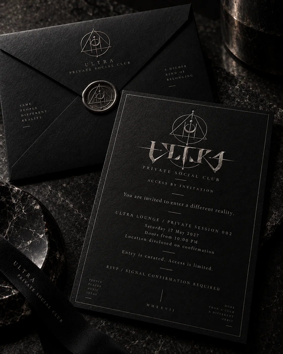 Concept mockup of an exclusive ULTRA invitation and embossed black envelope